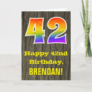 42nd Birthday: Rustic Faux Wood Look, Rainbow "42" Card