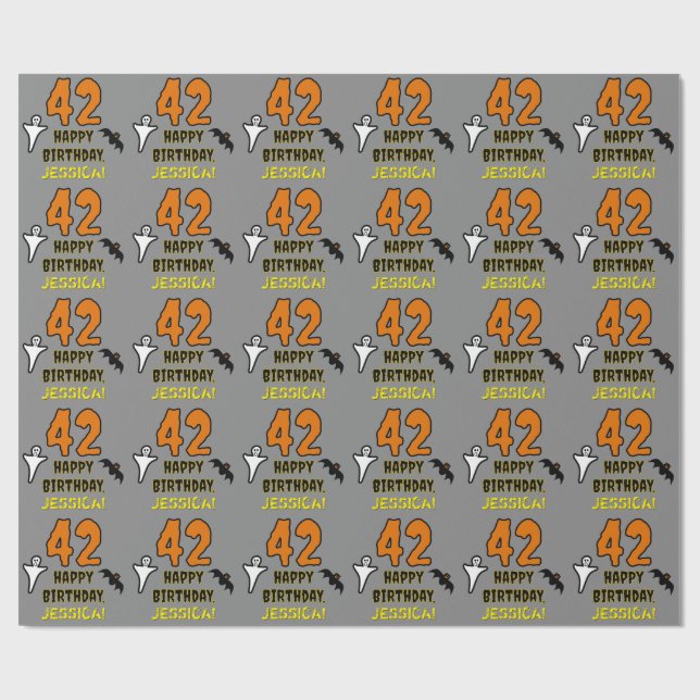 42nd Birthday: Spooky Halloween Theme, Custom Name Wrapping Paper (Flat)