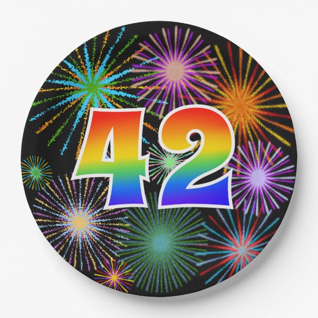 42nd Event - Fun, Colourful, Bold, Rainbow 42 Paper Plate (Front)