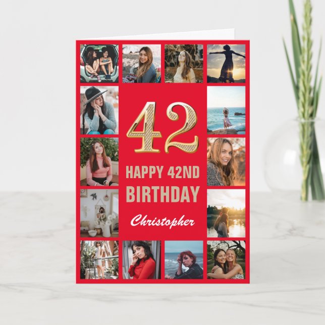 42nd Happy Birthday Red and Gold Photo Collage Card (Front)