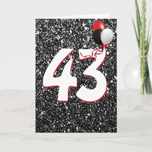 43rd Birthday Balloons on Black Glitter  Card (Front)