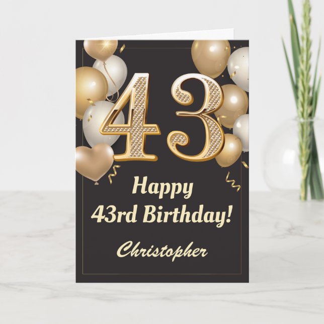 43rd Birthday Black and Gold Balloons Confetti Card (Front)