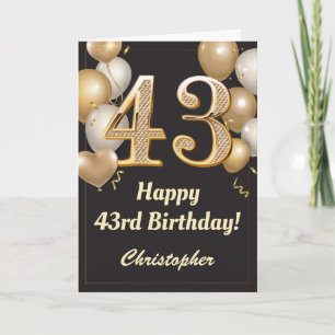 43rd Birthday Black and Gold Balloons Confetti Card