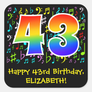 43rd Birthday: Colorful Music Symbols, Rainbow 43 Square Sticker