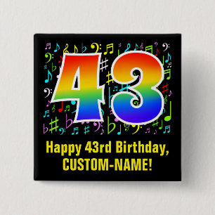 43rd Birthday: Colourful Music Symbols, Rainbow 43 2 Inch Square Button