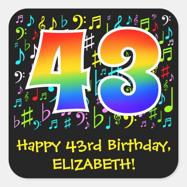 43rd Birthday: Colourful Music Symbols, Rainbow 43 Square Sticker (Front)
