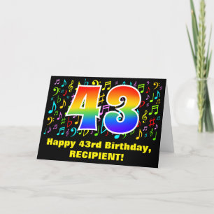 43rd Birthday: Colourful Music Symbols & Rainbow 4 Card