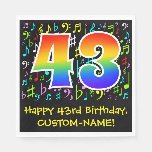 43rd Birthday - Colourful Music Symbols, Rainbow 4 Napkin (Front)
