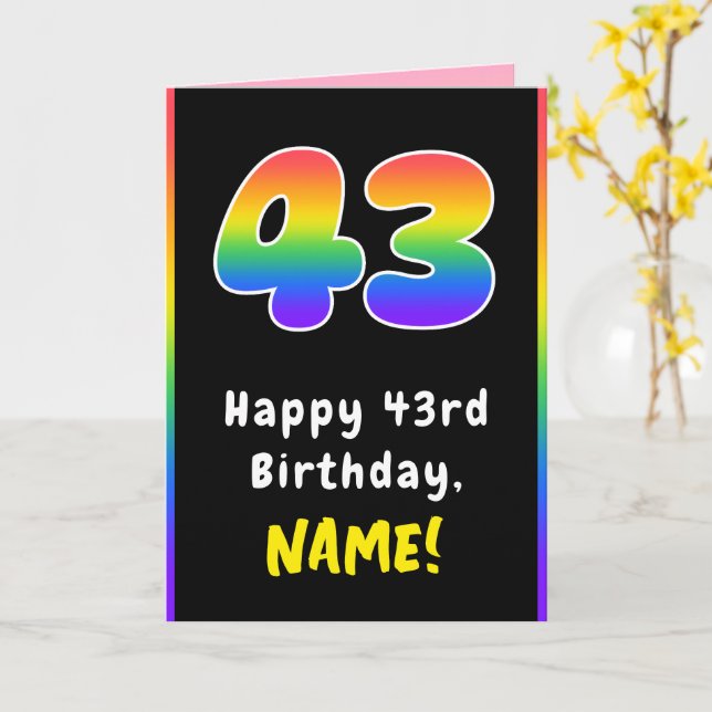 43rd Birthday: Colourful Rainbow # 43, Custom Name Card (Yellow Flower)