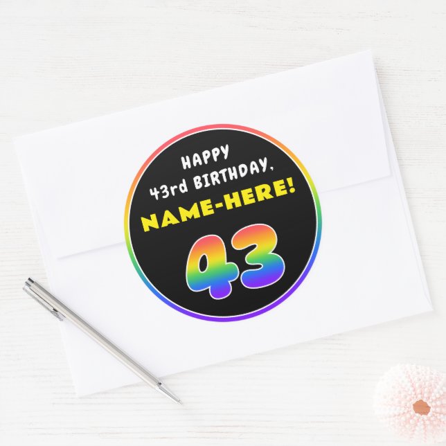 43rd Birthday: Colourful Rainbow # 43, Custom Name Classic Round Sticker (Envelope)