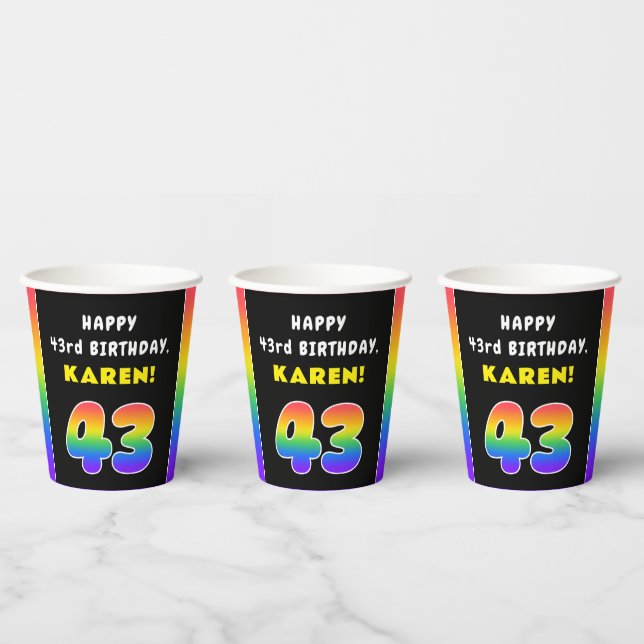 43rd Birthday: Colourful Rainbow # 43, Custom Name Paper Cups (Multi)