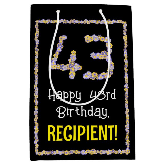 43rd Birthday: Floral Flowers Number, Custom Name Medium Gift Bag (Front)