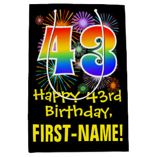 43rd Birthday: Fun Fireworks Pattern + Rainbow 43 Medium Gift Bag