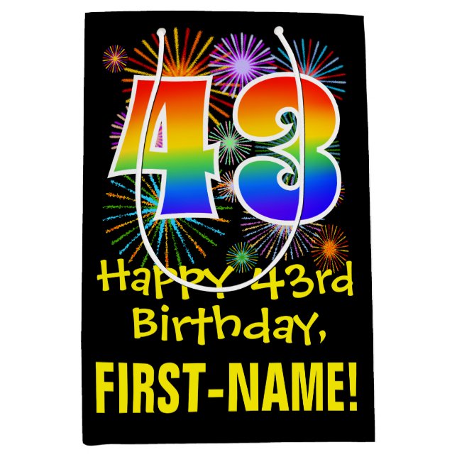43rd Birthday: Fun Fireworks Pattern + Rainbow 43 Medium Gift Bag (Front)