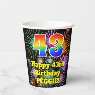 43rd Birthday: Fun Fireworks Pattern + Rainbow 43 Paper Cups