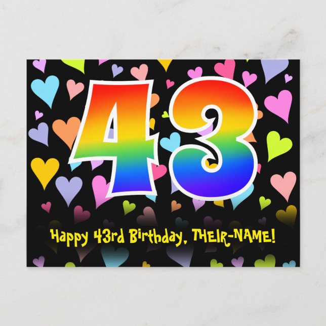 43rd Birthday: Fun Hearts Pattern, Rainbow 43 Postcard (Front)