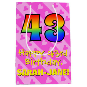 43rd Birthday: Fun Pink Hearts Stripes; Rainbow 43 Medium Gift Bag