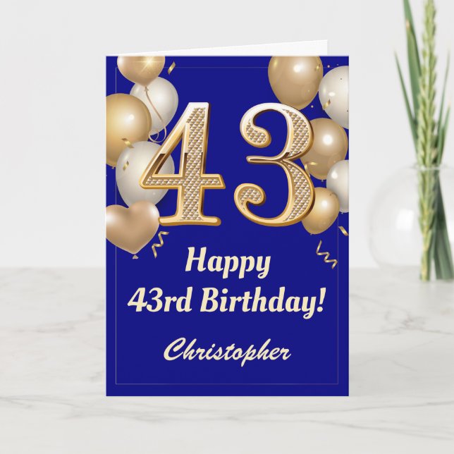 43rd Birthday Navy Blue and Gold Balloons Confetti Card (Front)