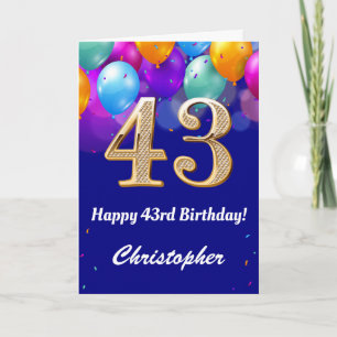 43rd Birthday Navy Blue and Gold Colourful Balloon Card