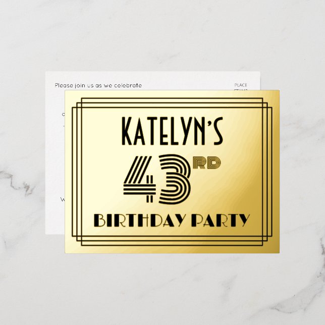 43rd Birthday Party ~ Art Deco Style “43” + Name Foil Invitation Postcard (Front/Back)