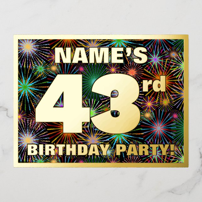 43rd Birthday Party: Bold, Colourful Fireworks Loo Foil Invitation Postcard (Front)
