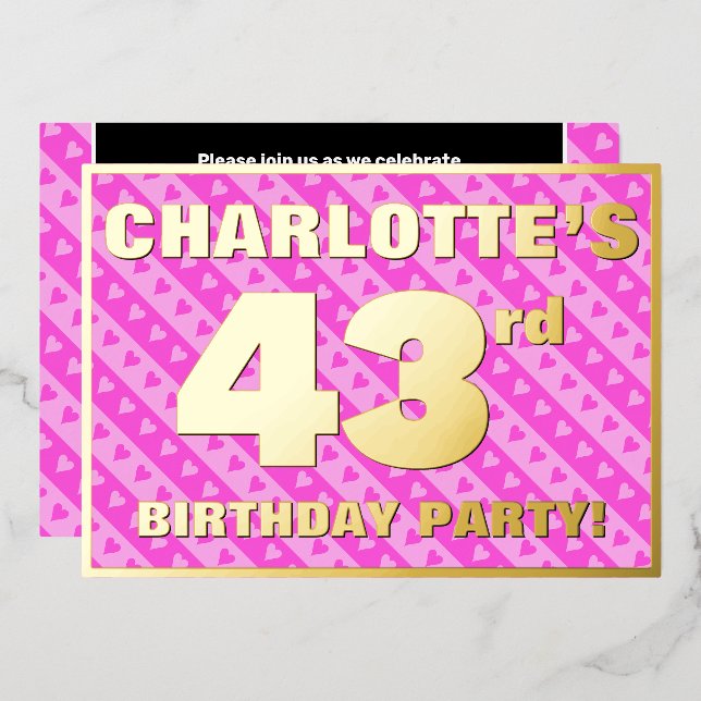 43rd Birthday Party — Fun Pink Hearts and Stripes (Front/Back)