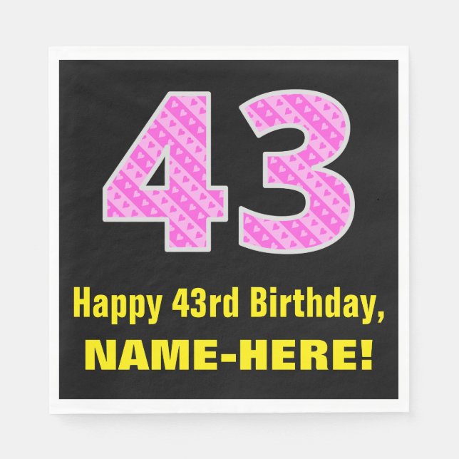 43rd Birthday: Pink Stripes and Hearts "43" + Name Napkin (Front)