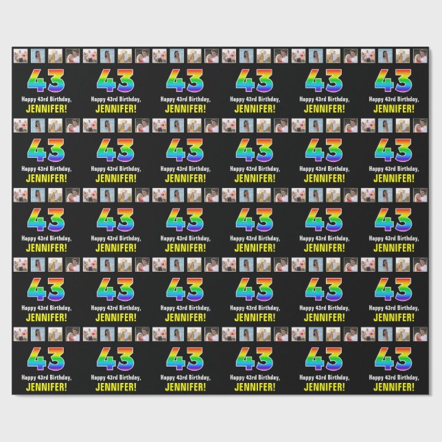 43rd Birthday: Rainbow “43“; Custom Photos & Name Wrapping Paper (Flat)