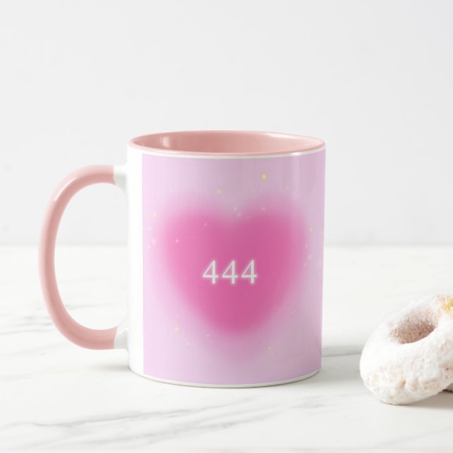 444 Modern Pink Heart Aesthetic Angel Number   Mug (With Donut)