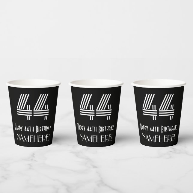 44th Birthday — Art Deco Inspired Look “44” + Name Paper Cups (Multi)