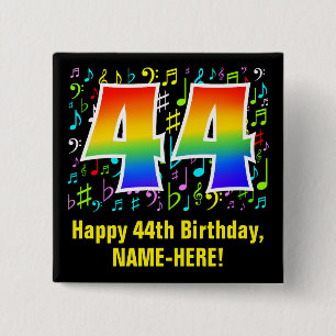 44th Birthday: Colorful Music Symbols, Rainbow 44 2 Inch Square Button