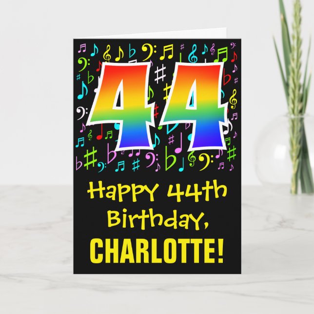 44th Birthday: Colorful Music Symbols + Rainbow 44 Card (Front)