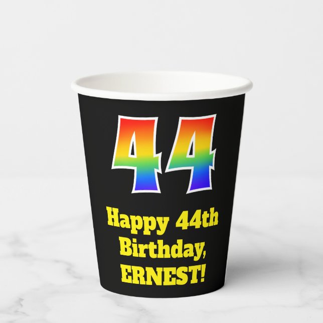 44th Birthday: Colourful, Fun, Exciting, Rainbow 4 Paper Cups (Back)