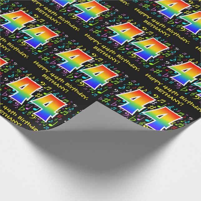 44th Birthday: Colourful Music Symbols, Rainbow 44 Wrapping Paper (Corner)