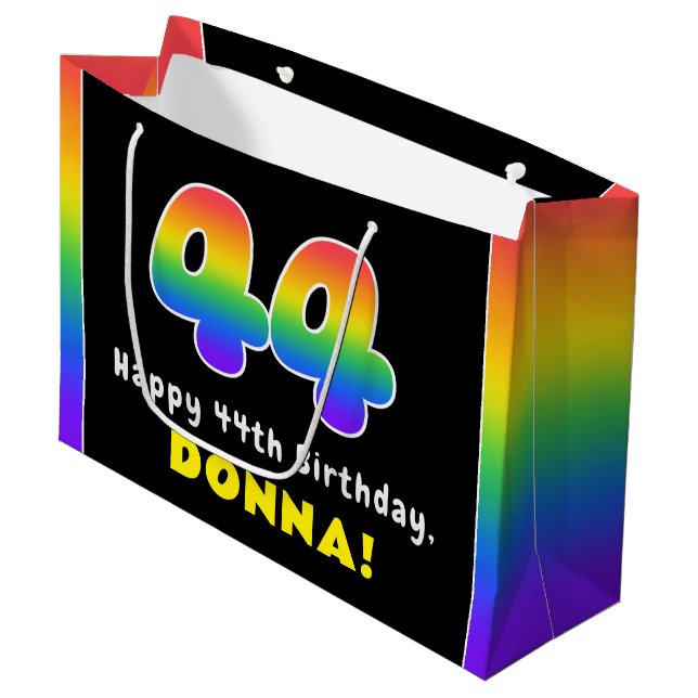 44th Birthday: Colourful Rainbow # 44, Custom Name Large Gift Bag (Front Angled)