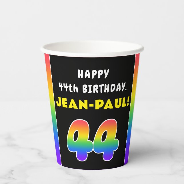 44th Birthday: Colourful Rainbow # 44, Custom Name Paper Cups (Back)