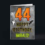 44th Birthday: Eerie Halloween Theme   Custom Name Card<br><div class="desc">The front of this scary and spooky Hallowe’en themed birthday greeting card design features a large number “44”, along with the message “HAPPY BIRTHDAY, ”, and an editable name. There are also depictions of a bat and a ghost on the front. The inside features a custom birthday greeting message, or...</div>