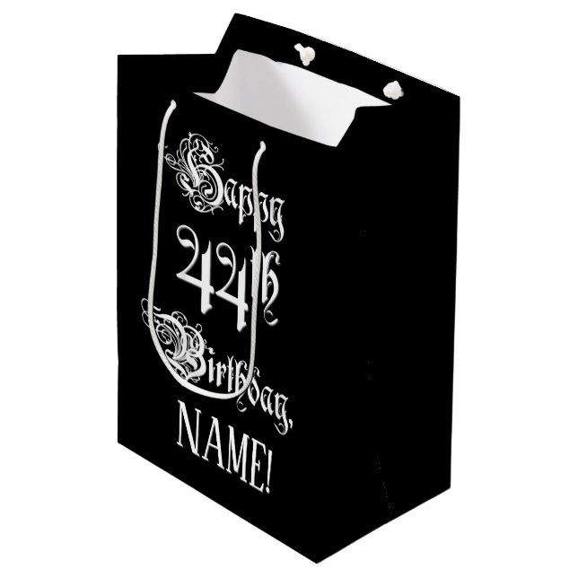 44th Birthday: Fancy, Elegant Script + Custom Name Medium Gift Bag (Front Angled)