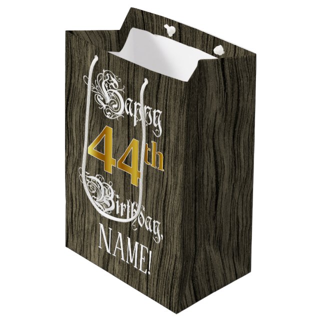 44th Birthday: Faux Gold Look & Faux Wood Pattern Medium Gift Bag (Front Angled)