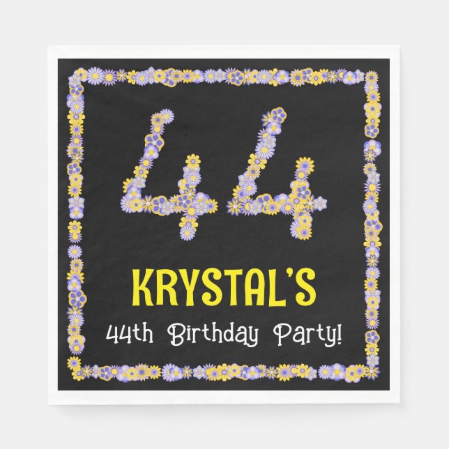 44th Birthday: Floral Flowers Number, Custom Name Napkin (Front)