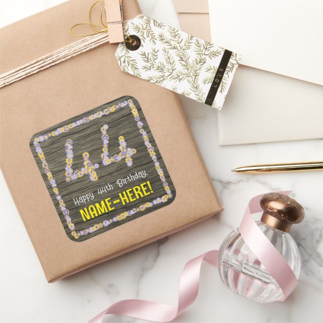 44th Birthday: Floral Number, Faux Wood Look, Name Square Sticker (Gifting)