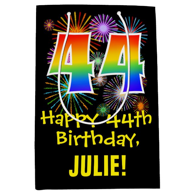44th Birthday: Fun Fireworks Pattern + Rainbow 44 Medium Gift Bag (Front)