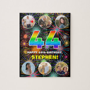 44th Birthday: Fun Rainbow #, Custom Name + Photos Jigsaw Puzzle
