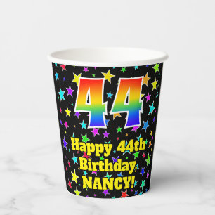 44th Birthday: Fun Stars Pattern and Rainbow 44 Paper Cups