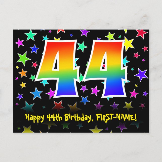 44th Birthday: Fun Stars Pattern, Rainbow 44, Name Postcard (Front)