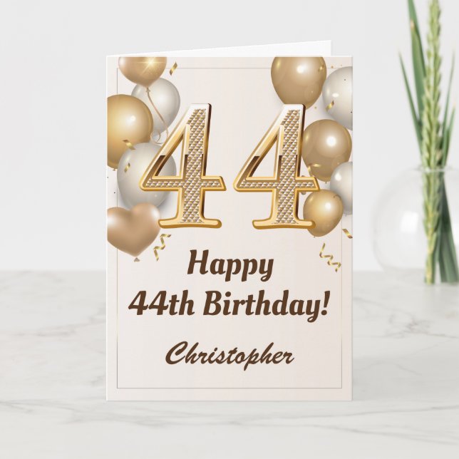 44th Birthday Gold Balloons and Confetti Birthday Card (Front)