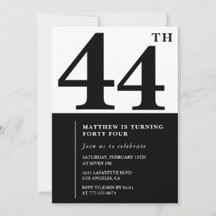 44th birthday invitations Black and White Elegant