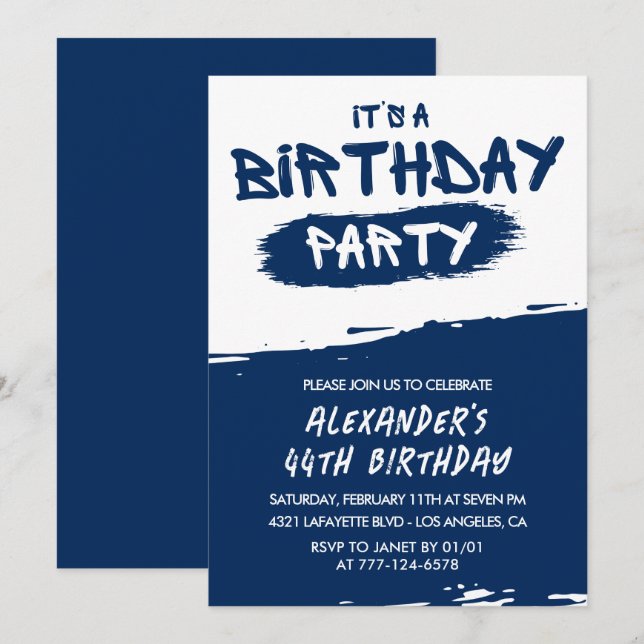 44th birthday invitations Men Graffiti Navy Blue (Front/Back)