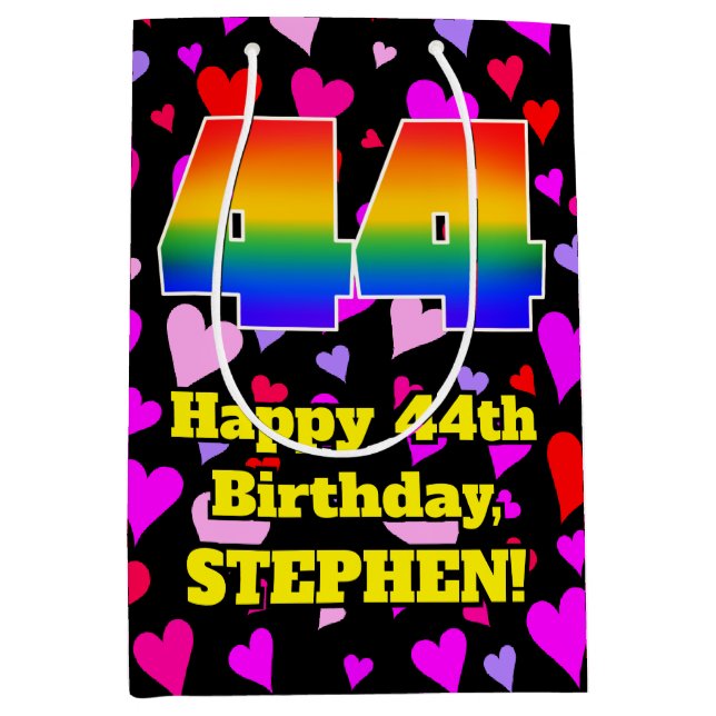 44th Birthday: Loving Hearts Pattern, Rainbow # 44 Medium Gift Bag (Front)