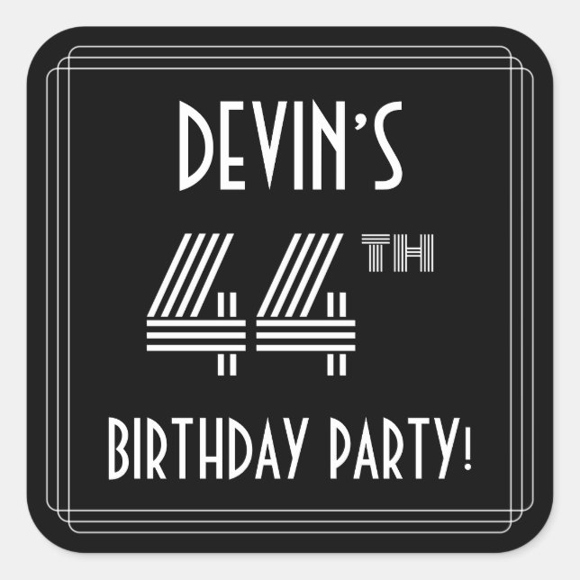 44th Birthday Party: Art Deco Style & Custom Name Square Sticker (Front)